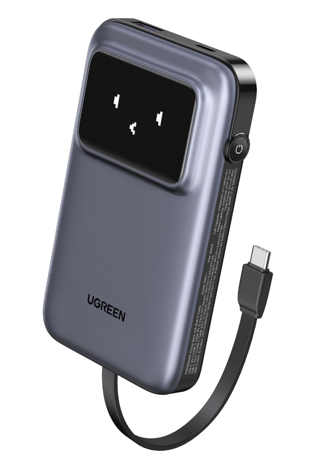 UGREEN Uno Power Bank with Built-in USB-C Cable 10,000mAh Portable Charger PD 30W Fast Charging Battery Pack 3-Way Output with TFT Display for iPhone 8-16 Series/Galaxy S21-25/iPad Pro, AirPodsMobile AccessoriesOne Cable, Endless Power. Built-in USB-C Cab